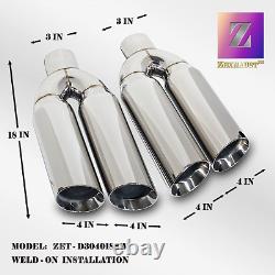 QUAD 4in OUTLETS DOUBLE WALL SIDEWAY DUAL CHROME EXHAUST TIP FOR TRUCK 3in INLET